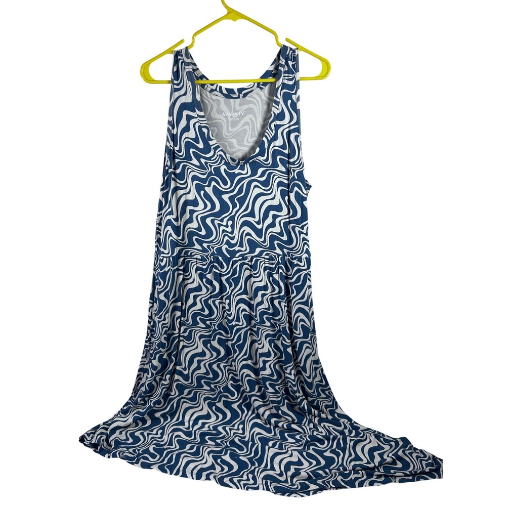 Ava & Viv Midi Dress 1X Blue White Wavy Swirl Empire Waist Sleeveless Womens